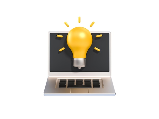 3d laptop with lightbulb idea solution business strategy concept brainstorming in office online education logo app cartoon creative design icon isolated on white background 3d rendering