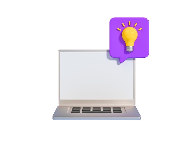 3d laptop with lightbulb idea solution business strategy concept brainstorming in office online education logo app cartoon creative design icon isolated on white background 3d rendering