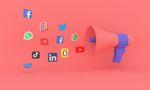 3d Megaphone with social media icons Digital marketing and online shopping ecommerce concept