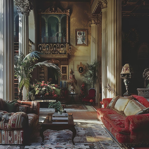 3d photo of a large room with a large green plant in it and sofa and chair also in it