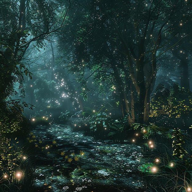 3d photo of a painting of a forest with a pond and a sun shining through the trees