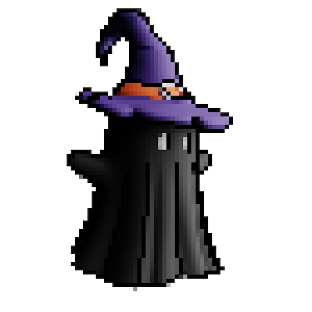3d pixel style scary black ghost with purple witch hat floating halloween decorative design theme