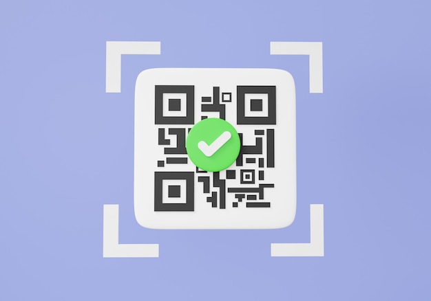 3D QR code scanning correct mark pay money finish on purple background online payment shopping special concept digital transaction financial approved yes right 3d render illustration
