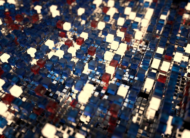 3d render abstract background.  A stack of cubes with different materials. Grid structure made of square geometry form. Digital Concept. 3D cube`s grid.