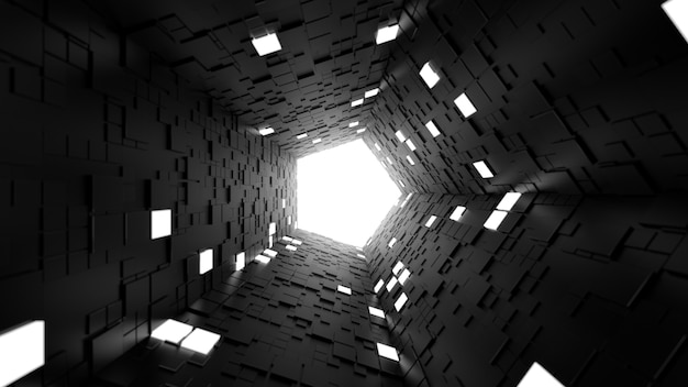 3d render abstract background. Long corridor. Simple shape extruded with random square polygons at the walls. Several wall segments are lighted up.