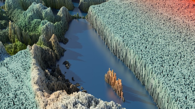 3d render abstract background with complex structure made of array of vertical geometry. data visualization concept.