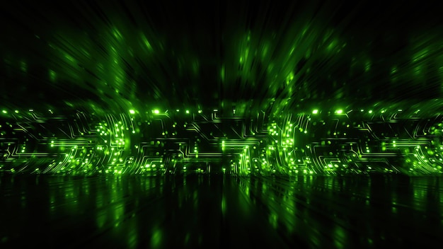 3d render abstract black background with green neon microchip virtual cyber space digital wallpaper