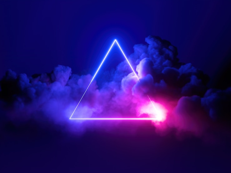 Bild 3d render, abstract minimal background, pink blue neon light triangular frame