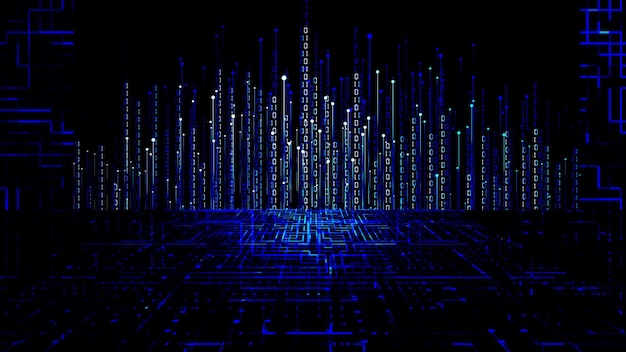 3D render digital technology for neon colored circuit board circuit space