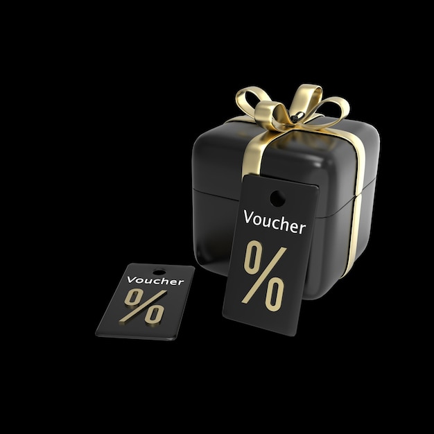 3d render illustration golden ribbon open gift box with gift voucher coupon promotional