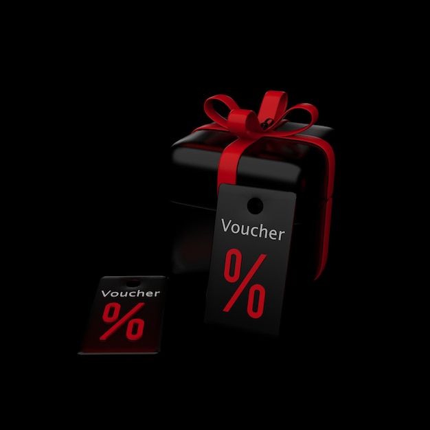 3d render illustration golden ribbon open gift box with gift voucher coupon promotional