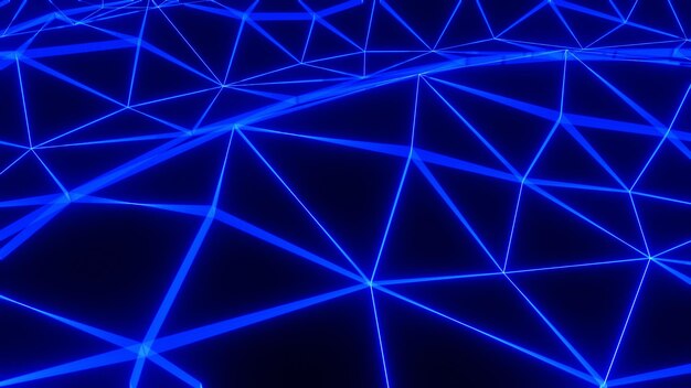 3d render low poly blue wireframe triangle on black background, hosting, internet, web servers, data
