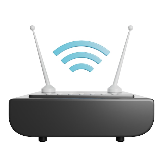 3D render of a black router with blue wifi signal