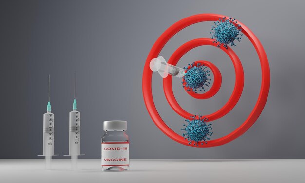 3D render of a target with a syringe throwing at a target in the form of a coronavirus