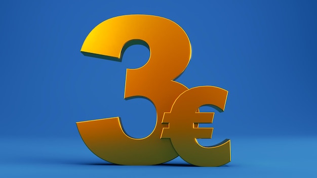 3D render of gold three euros isolated on white background golden european money 3 euros