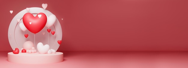 3D Render of Red And White Heart Shape Balloons Against Circular Podium And Copy Space Love Concept