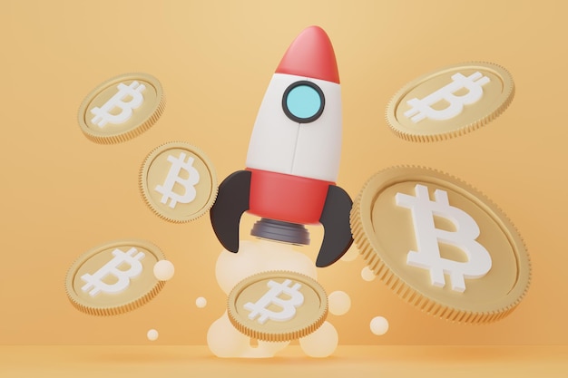 3d render of stack of bitcoins with rocket to the moon. defi crypto concept. investment management
