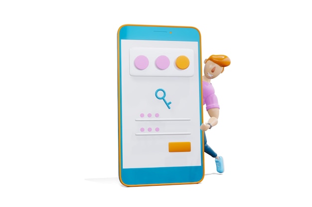 3d render Phone with password The man looks up cartoon style