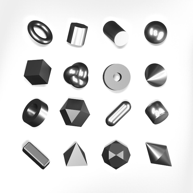 3d render silver geometric shapes objects set on white background Metal chrome glossy realistic primitives