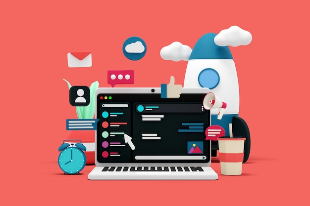 3d render social media concept with laptop background illustration