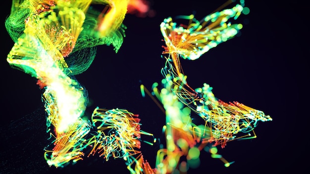 3D-rendera av ett färgstarkt abstrakt stilfullt partikel- och plexussystem på en mörk bakgrund