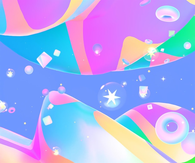 3D-renderad abstrakt färgstark vågig värld med olika geometriska former.