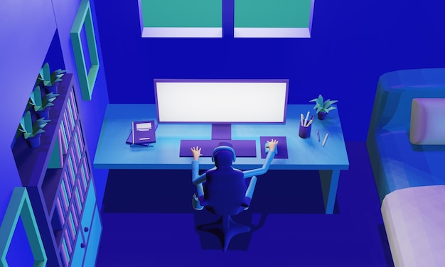 3D-renderad illustration av människor som spelar datorspel på natten