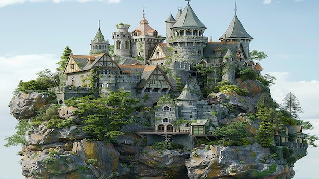 3d rendered floating castle in sky on rock