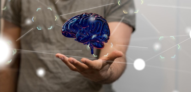 3d rendered human brain within a network on male hand
