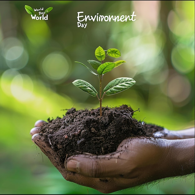 3d rendered photos of palm filled with soil small leafy green plant in soil world environment day