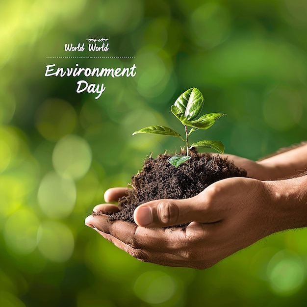 3d rendered photos of palm filled with soil small leafy green plant in soil world environment day