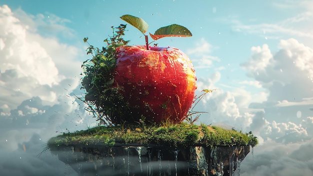 3d rendered red huge apple grow on a floating island giant illustration