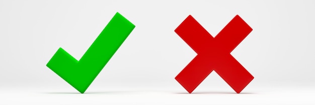 3D-rendering 3D-illustration Rigtig og forkert knap Tjek og X-ikon isoleret på hvid baggrund symbol for godkendt og afvist