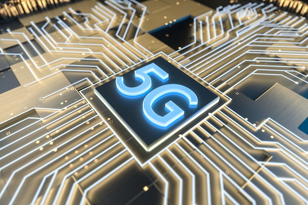 3d rendering 5g font and circuit background