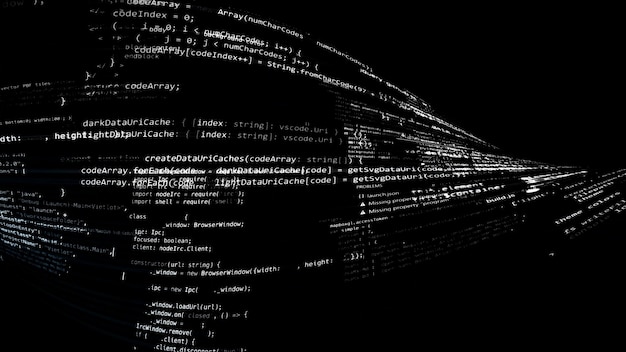 3D rendering abstract code in the virtual space. The computer code is bent in the form of a tape