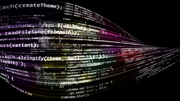 3d rendering abstract code in the virtual space. the computer code is bent in the form of a tape