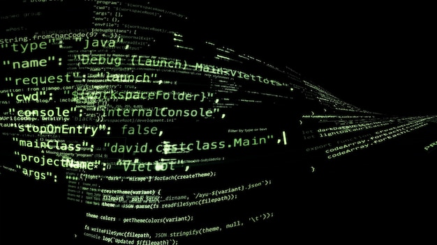 3D rendering abstract code in the virtual space. The computer code is bent in the form of a tape