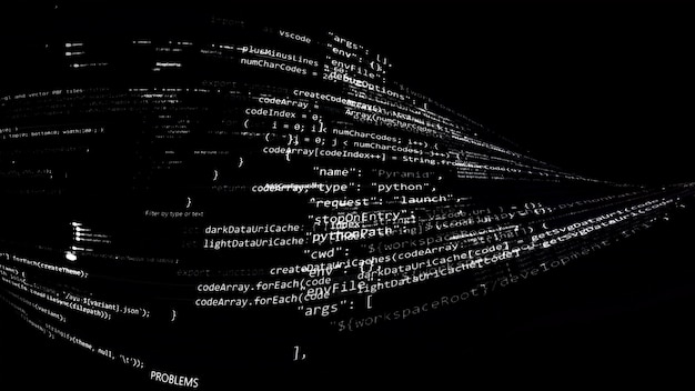 3D rendering abstract code in the virtual space. The computer code is bent in the form of a tape