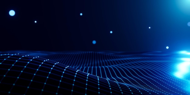 3d rendering abstract defocused blue neon wireframe background.