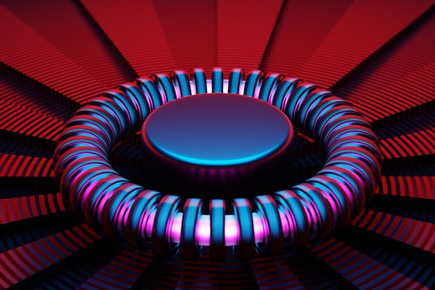 3d rendering abstract multicolored round fractal, portal. volume control. pink and red round spiral.