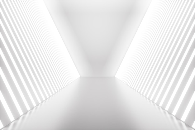 3D-rendering af et abstrakt rum med neonlys. Futuristisk arkitektur i baggrunden. Mockup til dit designprojekt.