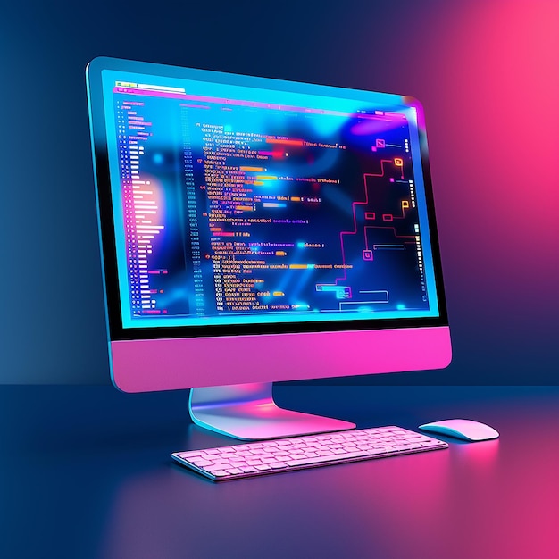 3D-rendering af et computerskærm med ordet kode på skærmen
