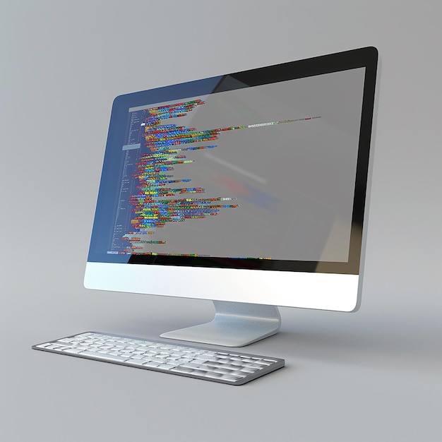 3D-rendering af et computerskærm med ordet kode på skærmen