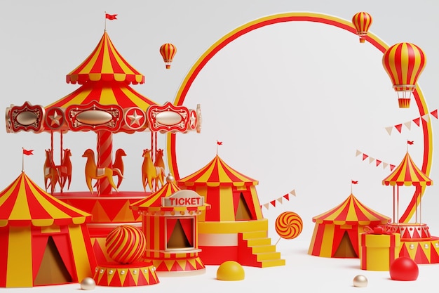 3D-rendering af forlystelsespark, cirkus, karnevalstema med mange forlystelser og butikker samt cirkustelt