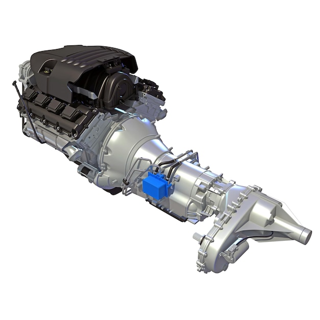 3D-rendering af V8-bilmotor på hvid baggrund