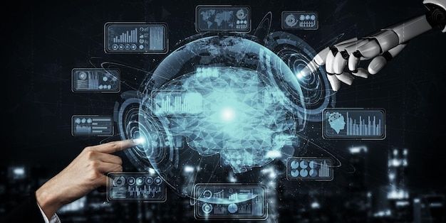 3D rendering artificial intelligence AI research of robot and cyborg development for future of people living Digital data mining and machine learning technology design for computer brain