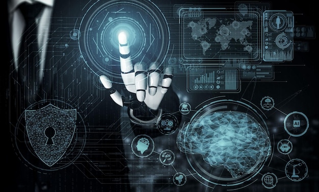 3d rendering artificial intelligence ai research of robot and cyborg development for future of people living digital data mining and machine learning technology design for computer brain