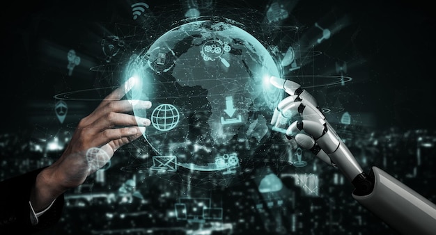 3D rendering artificial intelligence AI research of robot and cyborg development for future of people living Digital data mining and machine learning technology design for computer brain