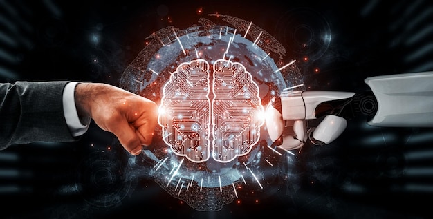 3D rendering artificial intelligence AI research of robot and cyborg development for future of people living Digital data mining and machine learning technology design for computer brain