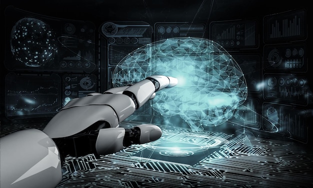 3D rendering artificial intelligence AI research of robot and cyborg development for future of people living Digital data mining and machine learning technology design for computer brain